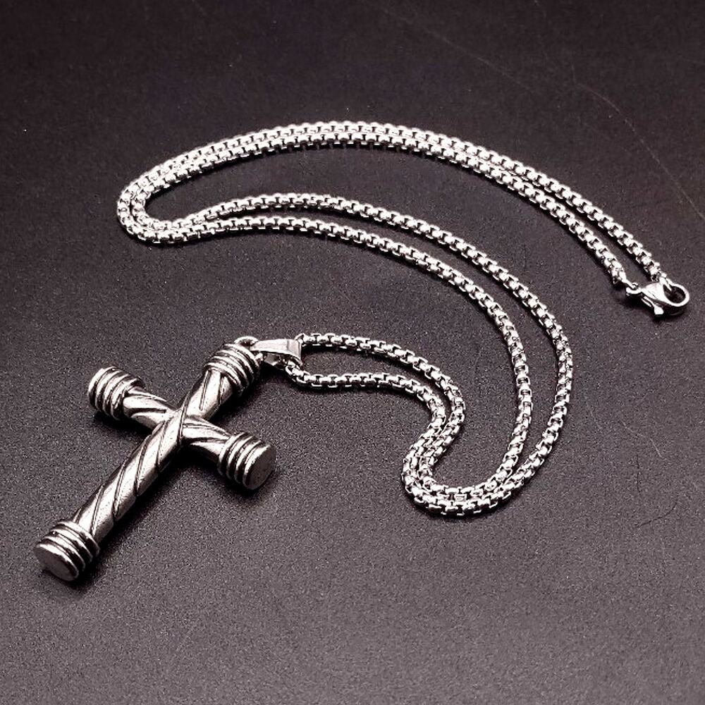 Silver Box Chain Necklace With Silver Twist Cross Men's Birthday Statement Gift